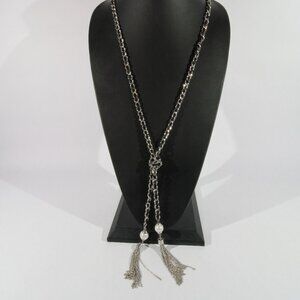 White House Black Marked Silver Tone and Faux Pearl Lariat Tassel Necklace